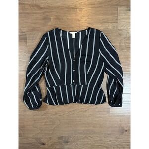 HM Black White Striped V-Neck Button Front Peplum Long Sleeve Blouse Size 12